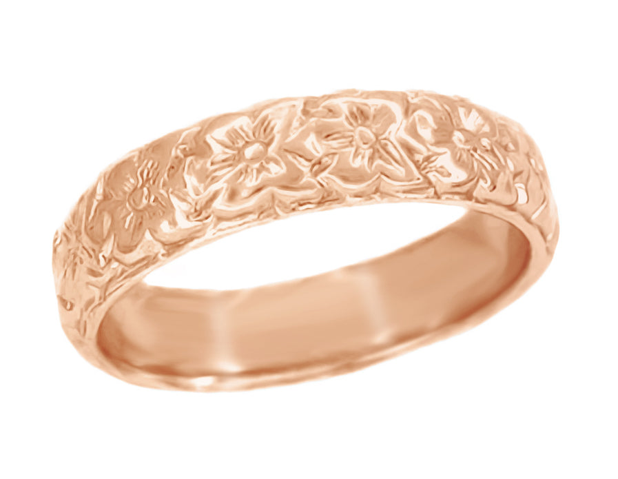 Tropical Hibiscus Flowers Art Deco Wide Wedding Band in Rose Gold