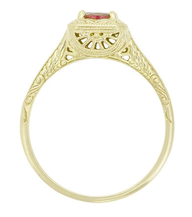 14 Karat Yellow Gold Art Deco Engraved Scrolls Filigree Almandine Garnet Engagement Ring - alternate view