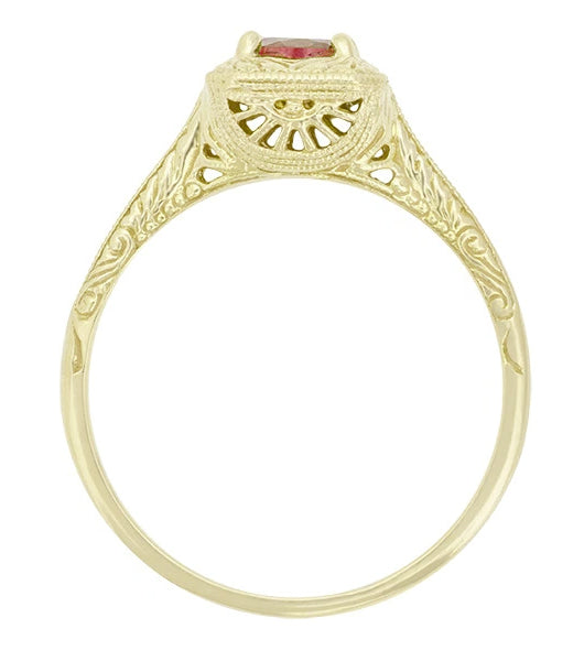 Side view of Lacy Filigree and Hand Engraved Detail on Solitaire Yellow Gold Art Almandine Garnet Engagement Ring - Vintage Ring Design in 14 Karat Gold - R182YAG