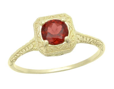 Art Deco Yellow Gold Antique Red Almandine Garnet Scrolls Engraved Engagement Ring with Filigree - R182YAG