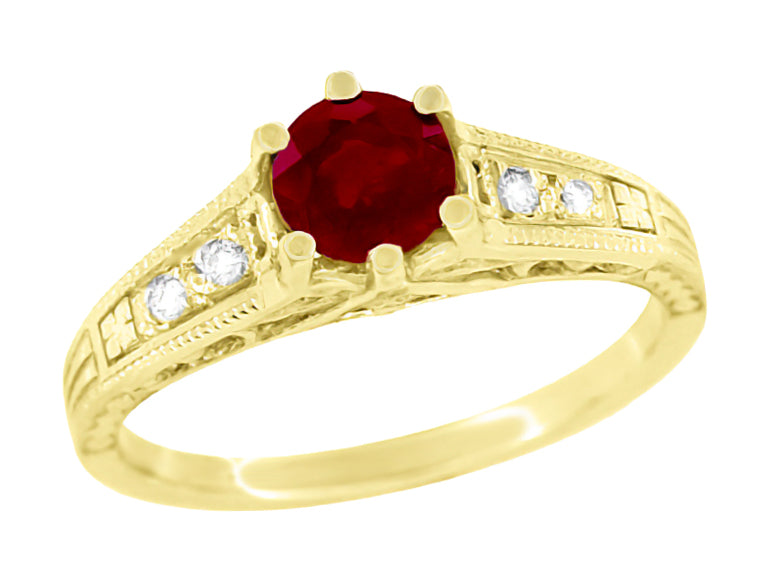 Art Deco Yellow Gold Vintage Reissue Filigree Ruby Engagement Ring with Side Diamonds - Item: R191Y - Image: 6