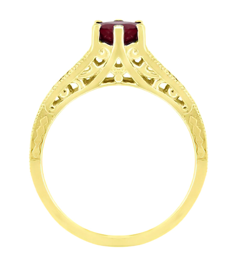 Art Deco Yellow Gold Vintage Reissue Filigree Ruby Engagement Ring with Side Diamonds - Item: R191Y - Image: 4