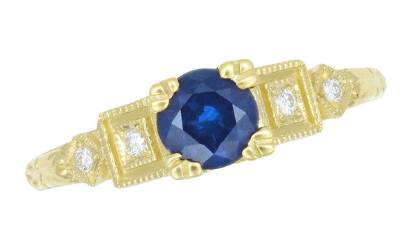 Top of Yellow Gold Vintage Blue Sapphire Engagement Ring with Side Diamonds 1920s Era - R194Y