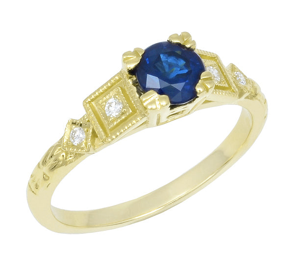 Vintage Inspired Art Deco 18K Yellow Gold Blue Sapphire Engagement