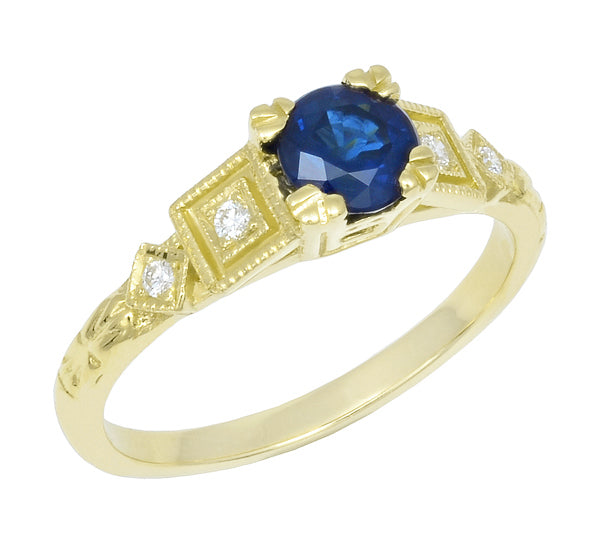 Circa 1920s Art Deco Yellow Gold Sapphire and Diamond Vintage Engagement Ring - R194Y