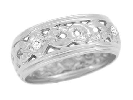 7.5mm Wide Vintage Floral Filigree Wedding Band with Diamonds in White Gold - Ring Size 7 - R196
