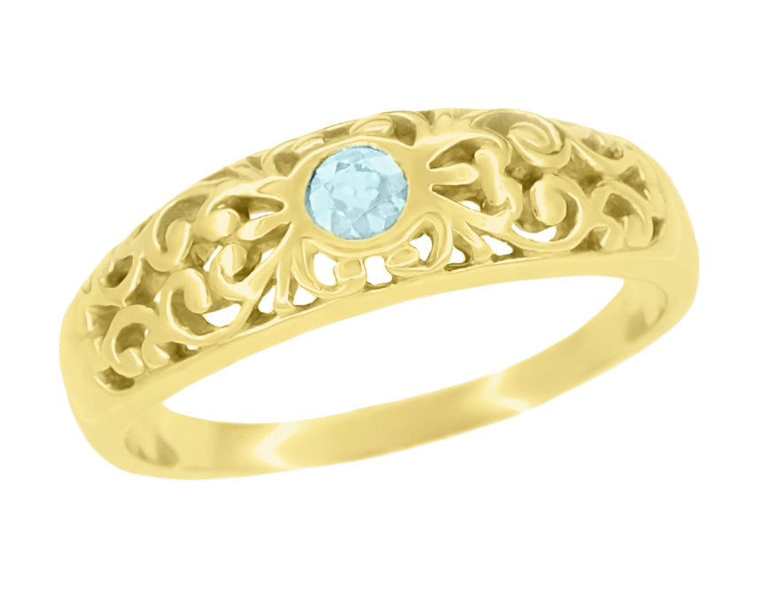 Edwardian Filigree Aquamarine Band Ring in 14 Karat Yellow Gold