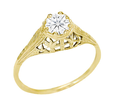 14K Yellow Gold 1/4 Carat Vintage Diamond Engagement Ring with Lilies Filigree on Sides - Cleire Ring - R204Y25