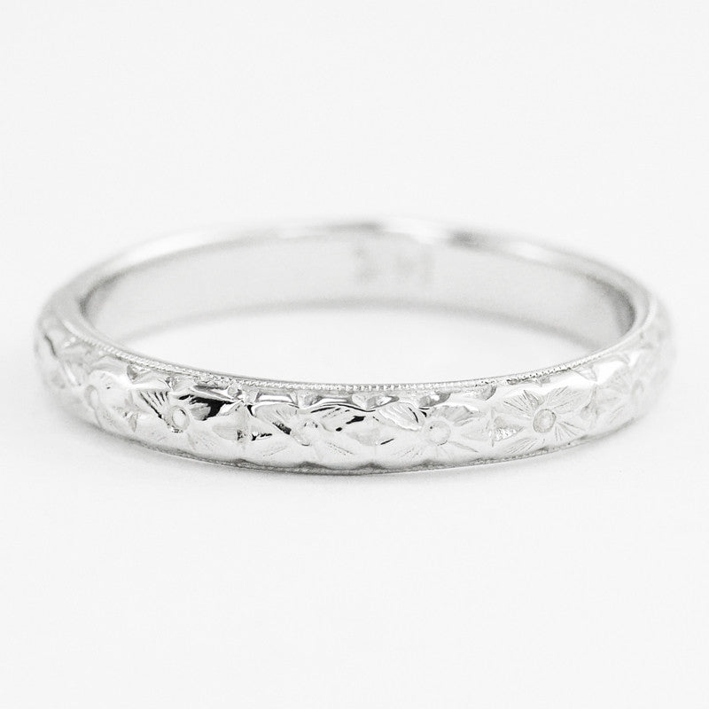 14K or 18K White Gold Domed Antique Wedding Ring with Engraved Flowers and Milgrain Edges