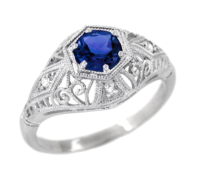 Blue Sapphire and Diamonds Scroll Dome Edwardian Filigree