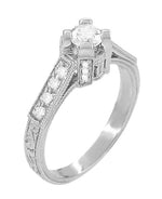 Art Deco 1/2 Carat Diamond Engraved Scrolls Castle Engagement Ring in Platinum