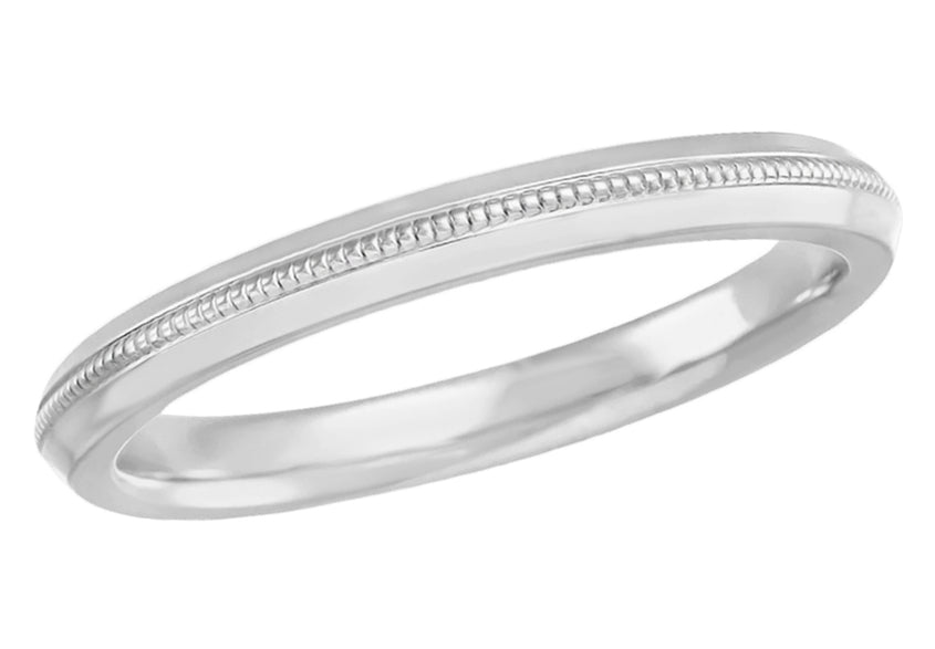 Antique Reissue 1920's Art Deco Knife Edge Single Milgrain Wedding Band in White Gold - 2.5mm Wide
