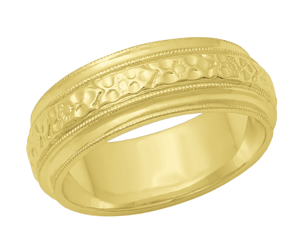 Yellow Gold Victorian Carved Leaves and Flowers 6mm Wide Wedding Ring - Item: R267Y14 - Image: 2