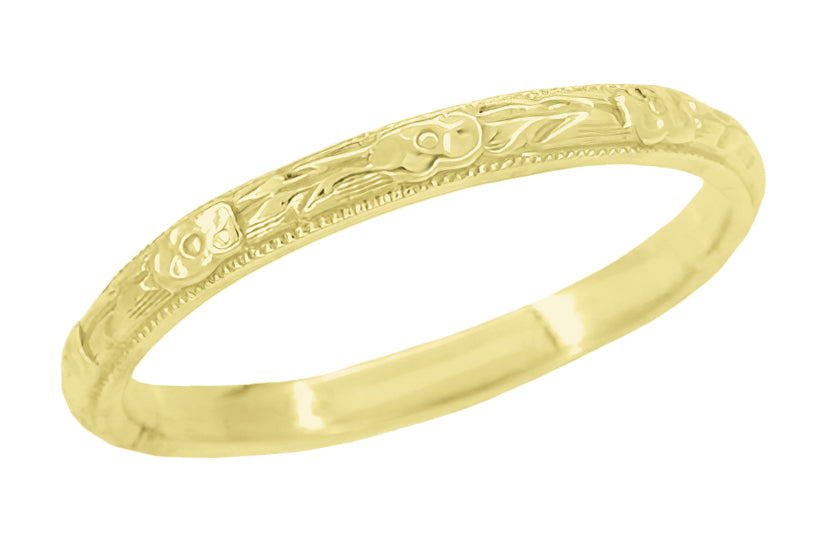 Edwardian Carved Roses and Leaves Yellow Gold Vintage Style Wedding Band