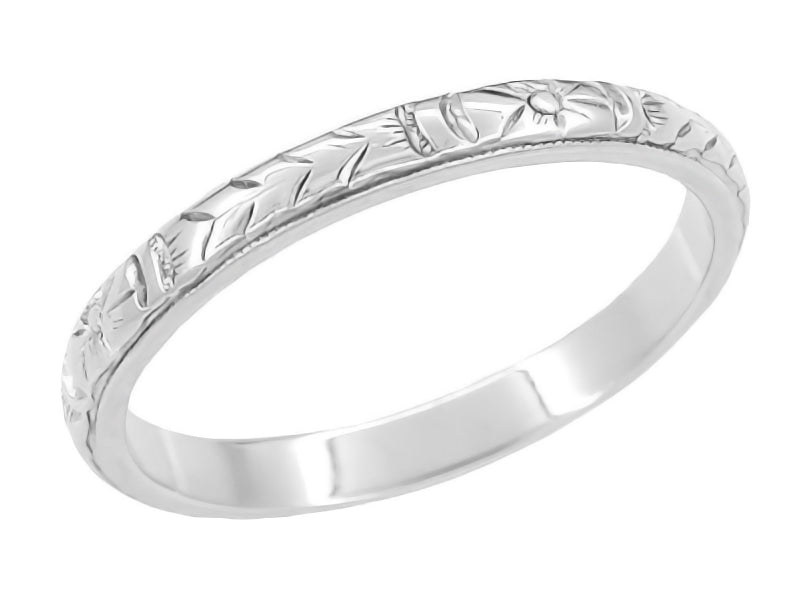 1920's Art Deco Flowers and Wheat Vintage Carved Wedding Band in 14 Karat White Gold - 2.5mm Wide