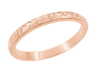 Art Deco Rose Gold Hand Embossed Flowers and Wheat Vintage Wedding Ring - R272R