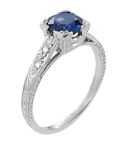 Art Deco Sapphire and Diamonds Engraved Engagement Ring in Platinum - alternate view