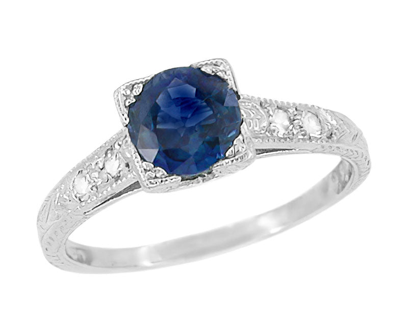 Art Deco Sapphire and Diamonds Engraved Engagement Ring in Platinum