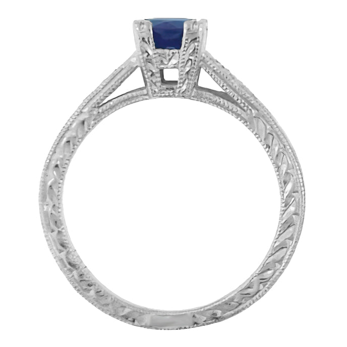 Art Deco Sapphire and Diamonds Engraved Engagement Ring in Platinum - Item: R283 - Image: 3