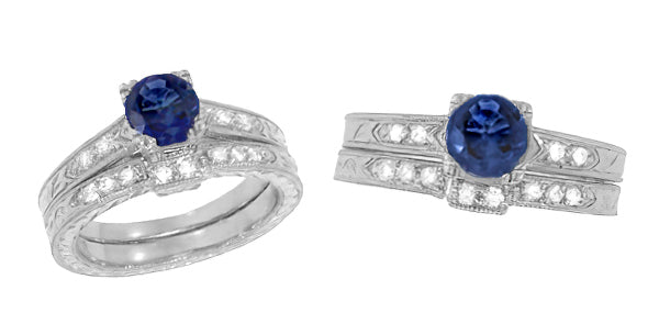 Art Deco Sapphire and Diamonds Engraved Engagement Ring in Platinum - Item: R283 - Image: 4