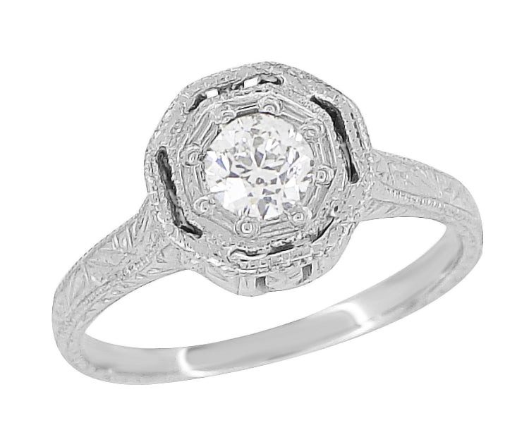Aden Art Deco Engraved Platinum Old European Cut Diamond Engagement Ring - Item: R284 - Image: 2