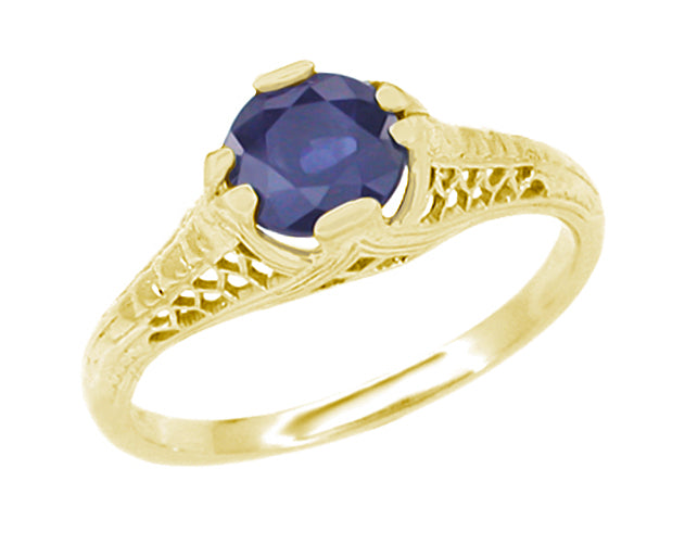 1920's Antique Yellow Gold Filigree Blue Sapphire Engagement Ring - R285Y
