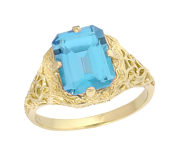 Art Deco Flowers and Leaves Swiss Blue Topaz Filigree Ring in 14 Karat Yellow Gold - December Birthstone - Item: R289YBT - Image: 2