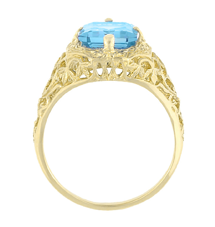 Art Deco Flowers and Leaves Swiss Blue Topaz Filigree Ring in 14 Karat Yellow Gold - December Birthstone - Item: R289YBT - Image: 3