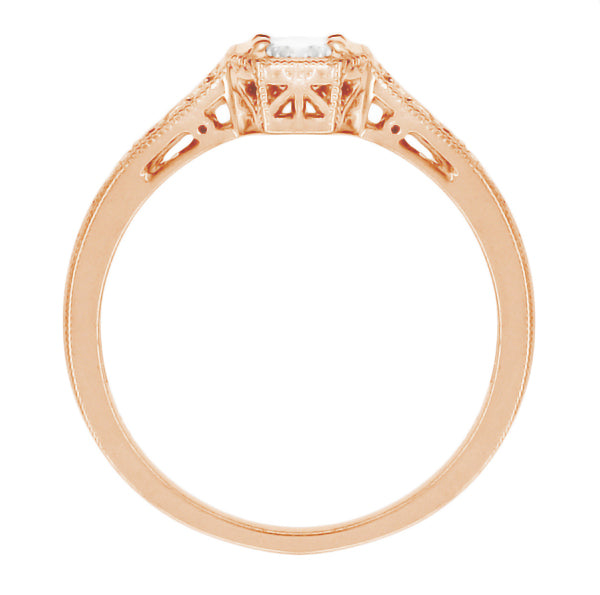 Side View Filigree Rose Gold 1930's Vintage Art Deco White Sapphire Engagement Ring - Flush Setting Style with Bead Prongs
