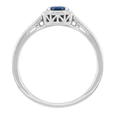 Art Deco Filigree Blue Sapphire and Diamond Engagement Ring in White Gold - alternate view