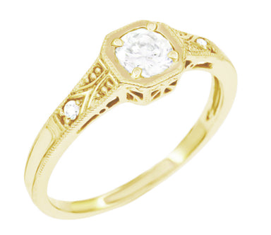 Vintage Style Yellow Gold Art Deco Filigree White Sapphire Engagement Ring - 18K or 14K - alternate view