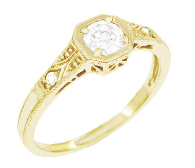 Yellow Gold Vintage Art Deco Filigree White Sapphire Engagement