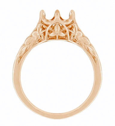 Side of Rose Gold Antique Art Deco Solitaire Engagement Ring Setting for a 3/4 Carat Diamond with Crown of Leaves Filigree and Nature Engraving - R299R