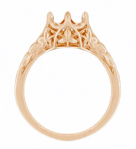 Side of Rose Gold Antique Art Deco Solitaire Engagement Ring Setting for a 3/4 Carat Diamond with Crown of Leaves Filigree and Nature Engraving - R299R