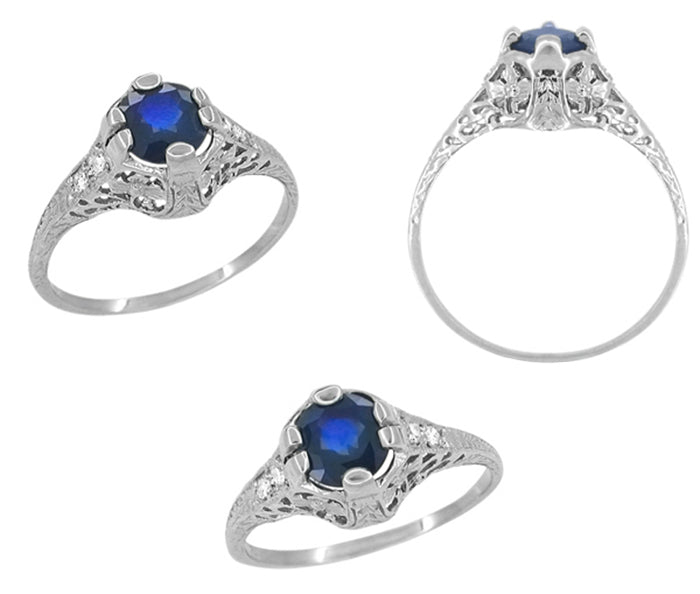 Edwardian Filigree Sapphire and Diamond Ring in Platinum - Item: R300 - Image: 2