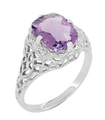 Art Deco Flowers and Leaves Cushion Cut Lilac Amethyst Filigree Ring in 14 Karat White Gold