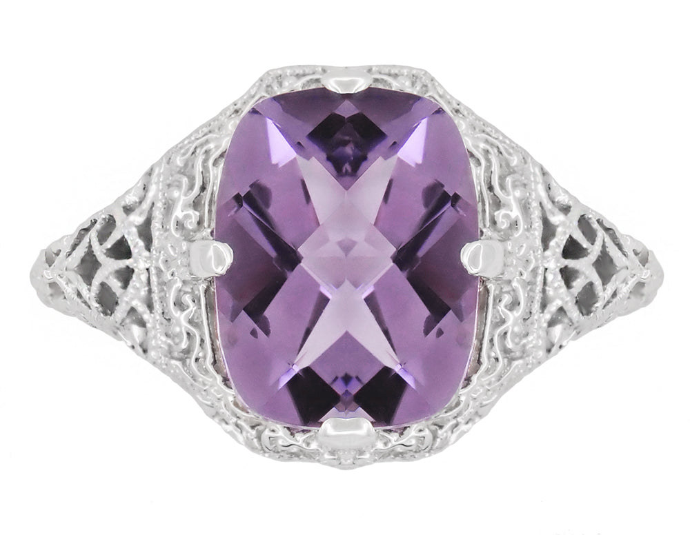 Rectangular Cushion Cut Amethyst Antique Ring With Filigree and Art Deco Engraving in White Gold - R324