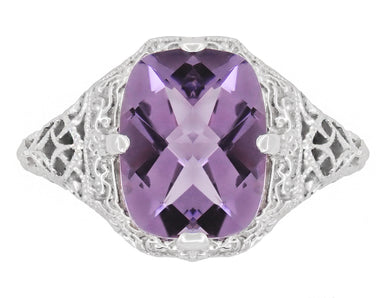 Art Deco Flowers and Leaves Cushion Cut Lilac Amethyst Filigree Ring in 14 Karat White Gold - alternate view