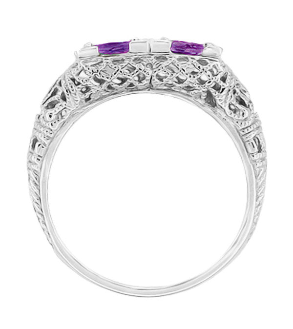 Art Deco Two Stone Amethyst Duo Filigree Ring in 14 Karat White Gold - Item: R336 - Image: 2