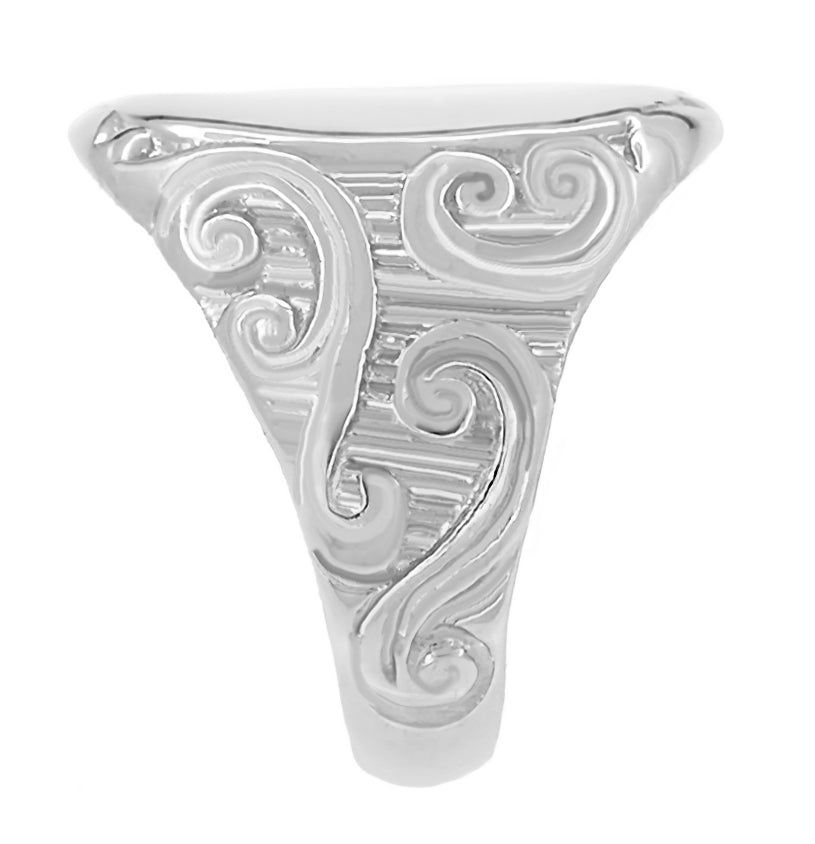 White Gold Vintage Engraved Scrolls Victorian Oval Signet Ring - Item: R339W - Image: 2
