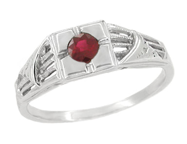 Windsails Art Deco Square Top Antique Filigree Ring with Ruby in White Gold - Low Profile - R345