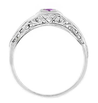 1920's Art Deco Filigree Windsails Antique Style Amethyst Ring in 14K White Gold - alternate view