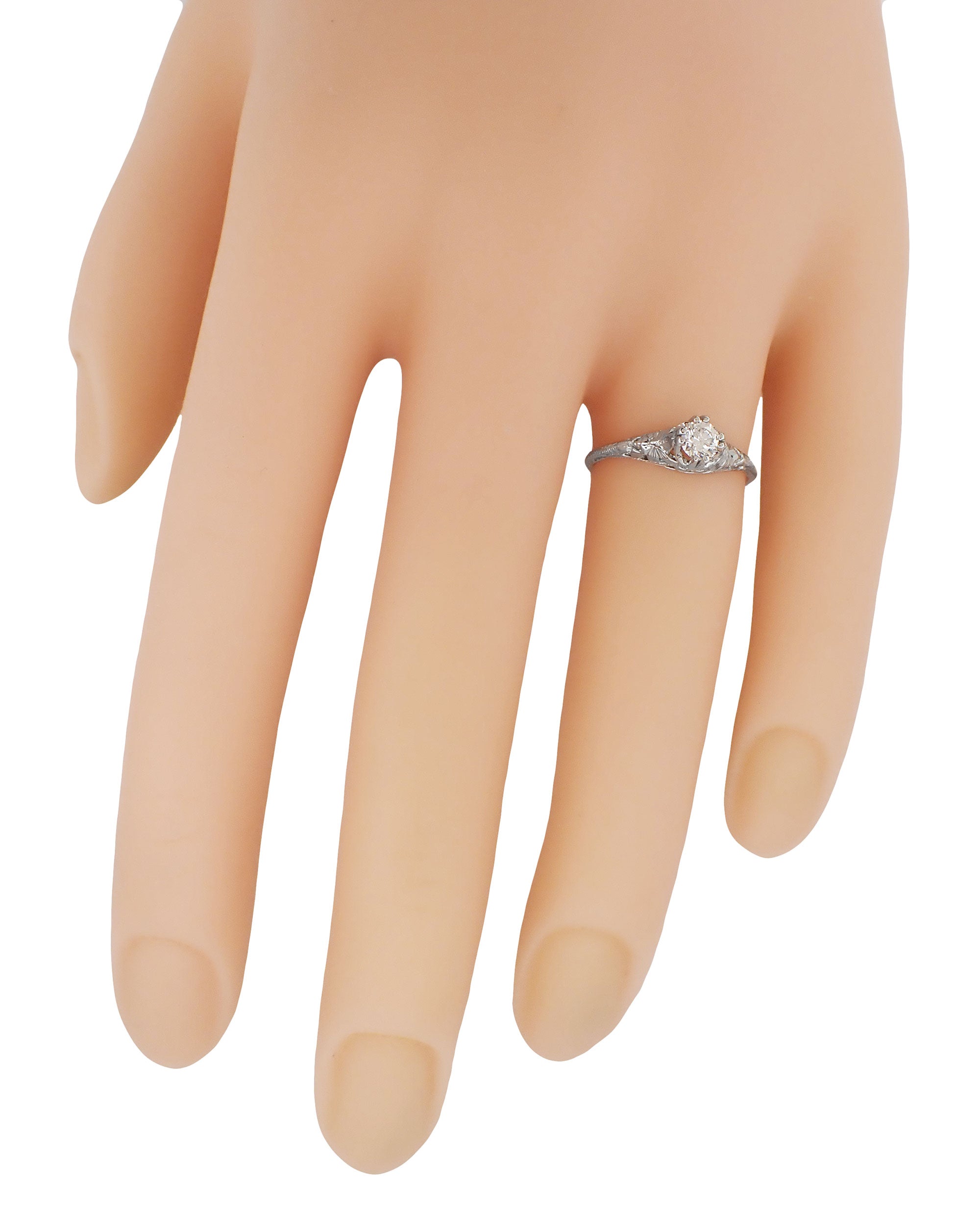 Art Deco Filigree Flowers and Wheat Engraved 1/4 Carat Diamond Engagement Ring in Platinum - Item: R356P - Image: 4
