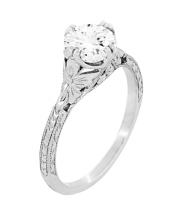 1920's Art Deco Filigree Flowers Platinum 3/4 Carat Vintage Style Engagement Ring Setting for a 6mm Round Stone