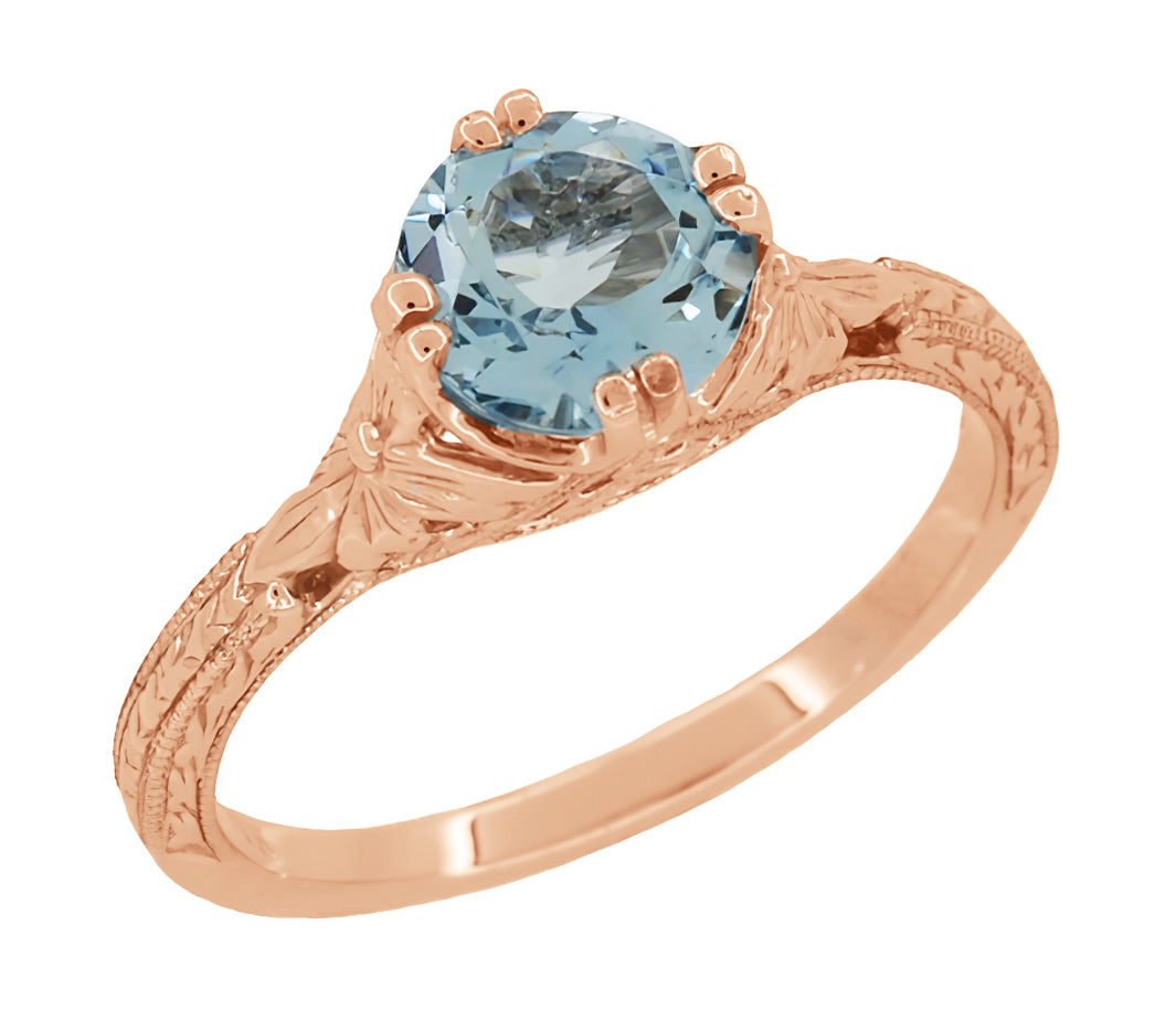 14K Rose Gold Art Deco Filigree Flowers and Wheat Engraved Solitaire Aquamarine Engagement Ring