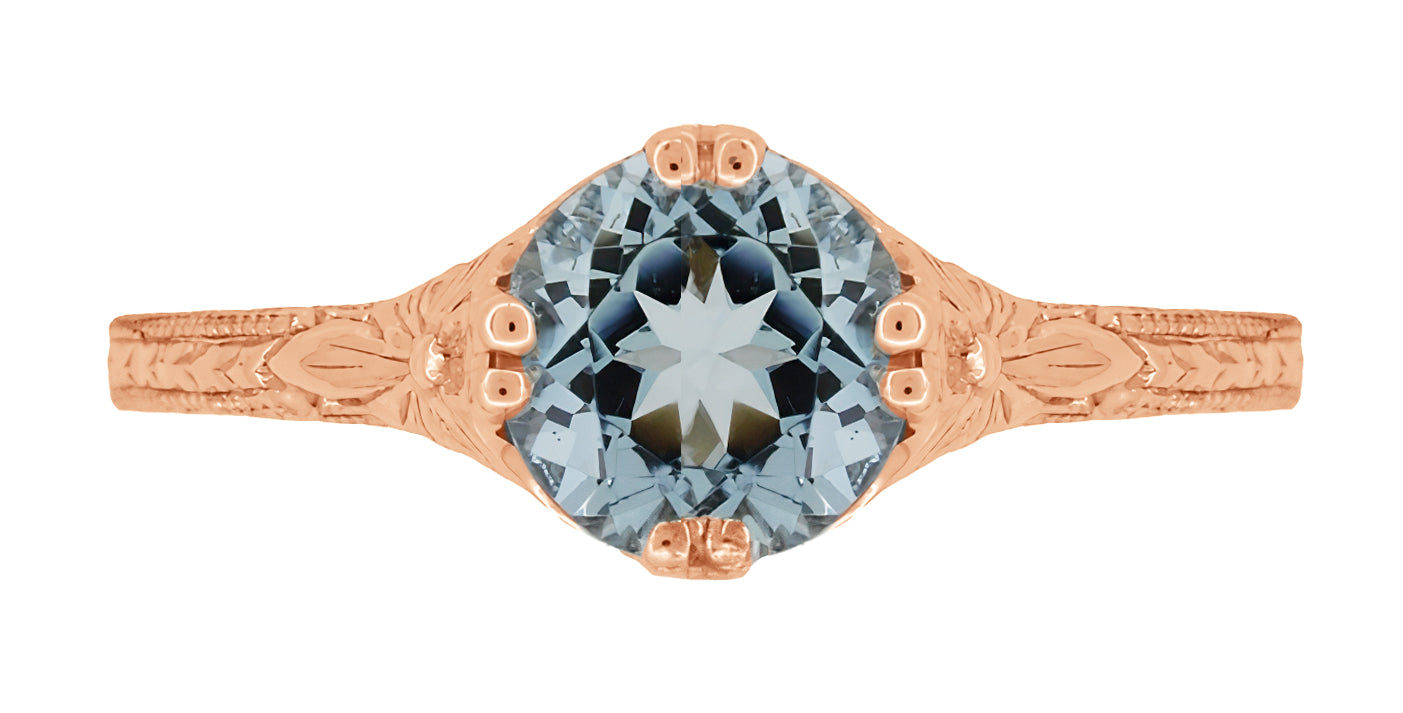 14K Rose Gold Art Deco Filigree Flowers and Wheat Engraved Solitaire Aquamarine Engagement Ring - Item: R356R75A - Image: 4