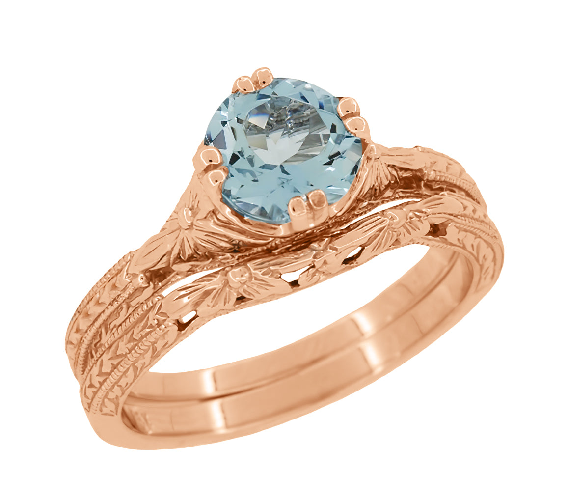 14K Rose Gold Art Deco Filigree Flowers and Wheat Engraved Solitaire Aquamarine Engagement Ring - Item: R356R75A - Image: 5
