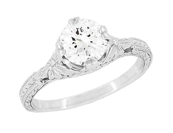 Art Deco Flowers 1/2 Carat Filigree Antique Engagement Ring Setting Design for a 5mm Round Stone in 14K or 18K White Gold - Item: R356W14K50 - Image: 2