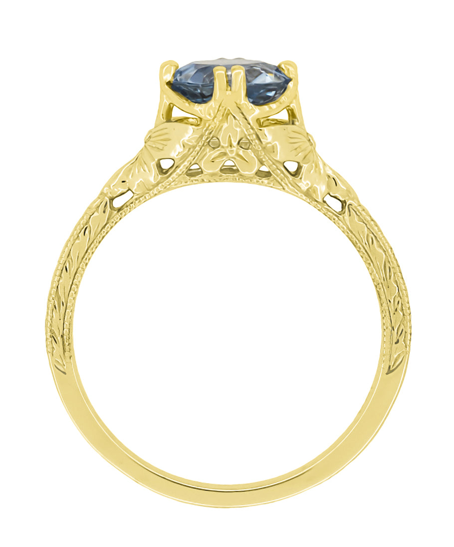 Art Deco Yellow Gold Filigree Flowers & Wheat Engraved Aquamarine Solitaire Engagement Ring - Item: R356Y75A - Image: 4