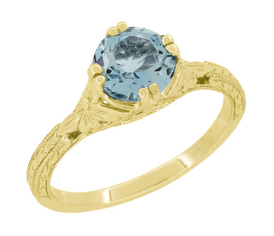 Art Deco Yellow Gold Filigree Flowers & Wheat Engraved Aquamarine Solitaire Engagement Ring